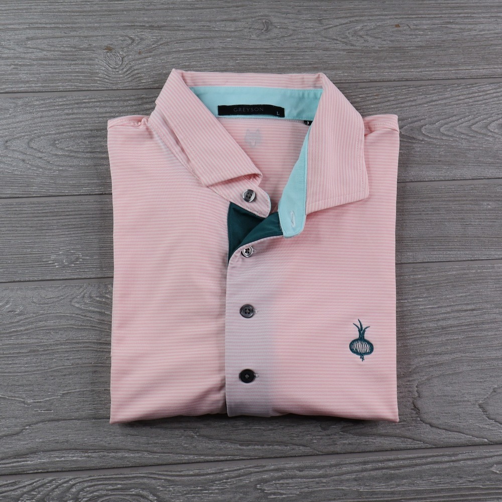 Greyson Ohoopee Match Club Polo Men's Large Pink Striped Golf Shirt Performance